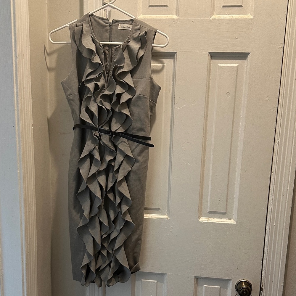 Calvin Klein Gray Ruffle Midi Dress
